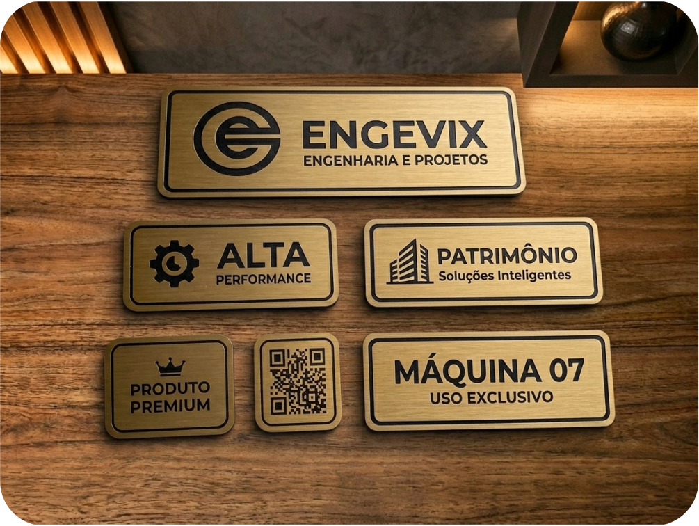Placa e etiqueta em ABS escovado dourado para patrimônio e eletrônicos